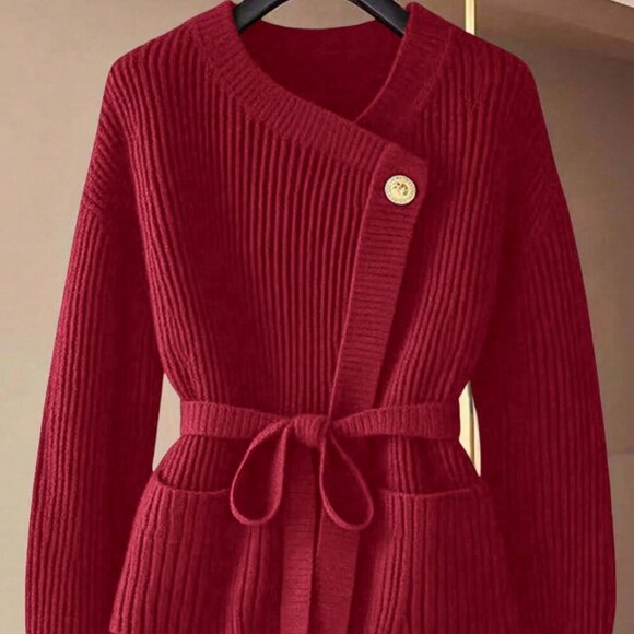burgunday belted knit sweater top - Picture 1 of 5